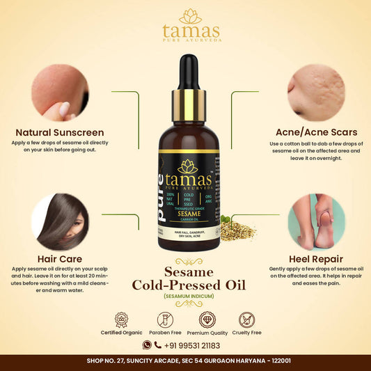 Buy Tamas Pure Ayurveda 100% Organic Sesame Cold Pressed Carrier Oil- USDA Certified Organic- 30ML from DrMediCart, Ship from India to USA