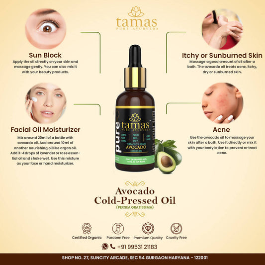 Buy Tamas Pure Ayurveda 100% Organic Avocado Cold Pressed Carrier Oil- USDA Certified Organic- 30ML from DrMediCart, Ship from India to USA