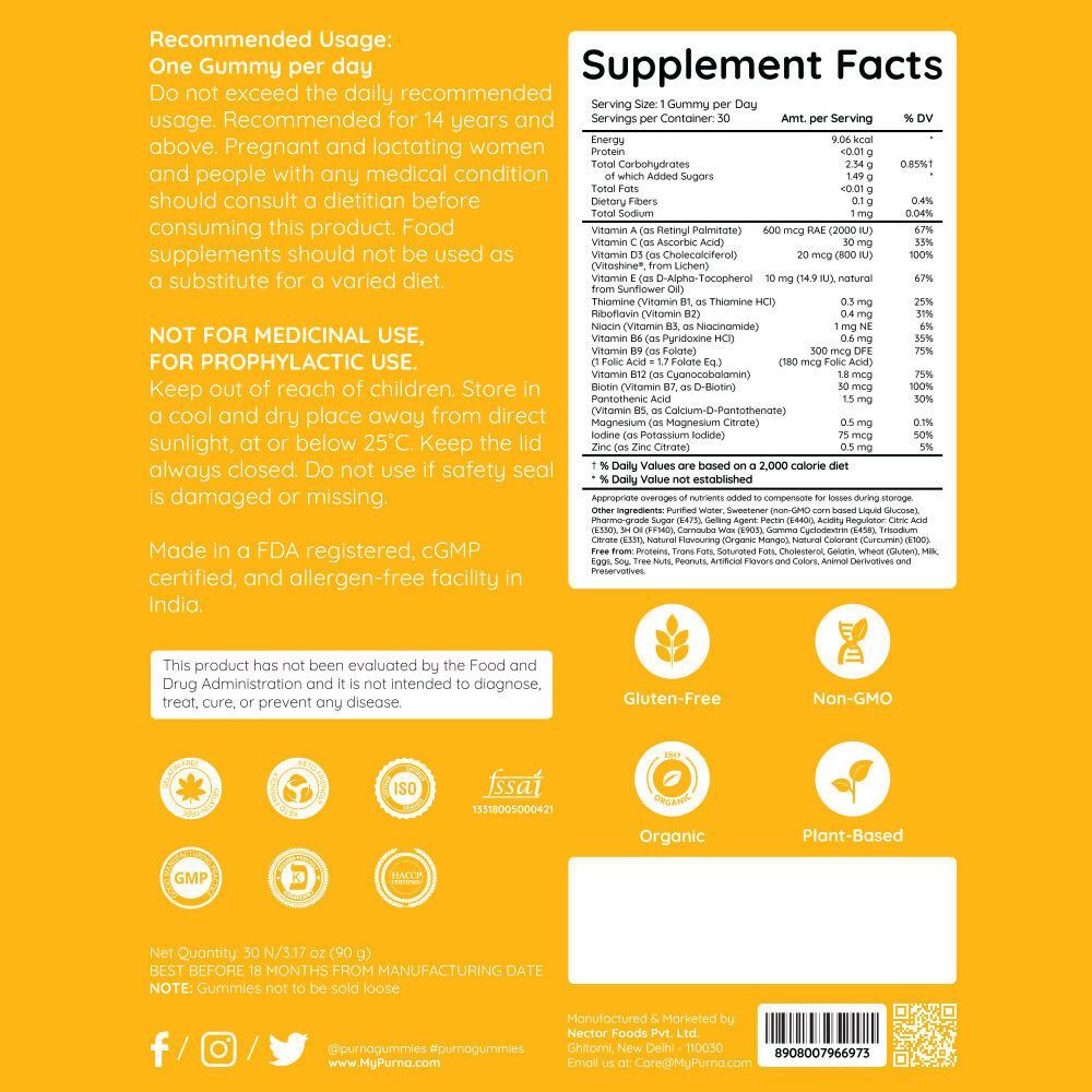 Purna Gummies Multivitamin Mango Gummies with Vitamins & Minerals