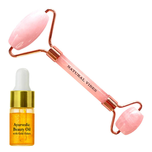 Buy Natural Vibes Rose Quartz Roller & Massager with Free Gold Beauty Elixir Oil from DrMediCart, Ship from India to USA