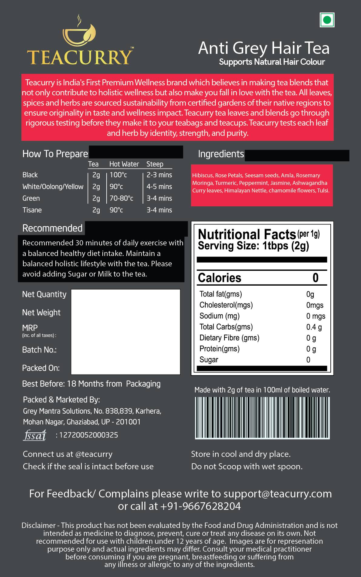 Teacurry Grey Hair Tea Bags - Drmedicart