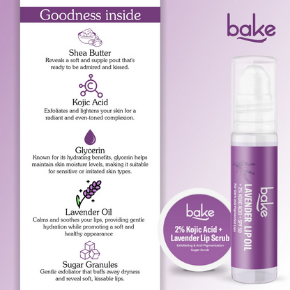 Bake Kojic Acid Lavender Lip Kit With Lip Balm SPF 50 & Lip Scrub For Dark & Pigmented Lips
