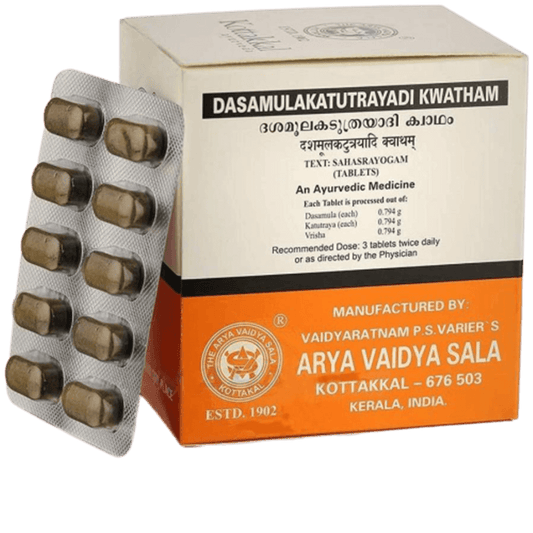 Buy Kottakkal Arya Vaidyasala Dasamulakatutrayadi Kwatham Tablets  -  Ayurvedic Respiratory & Pain support   from DrMediCart, Ship from India to USA