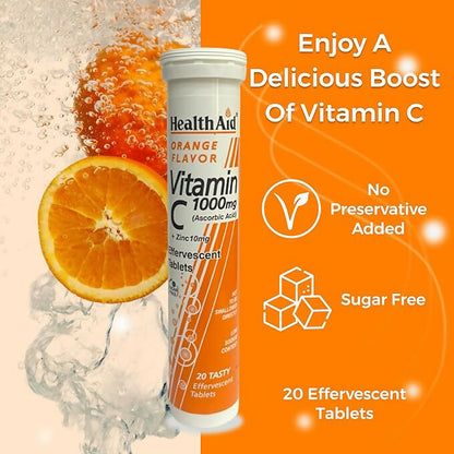 HealthAid Vitamin C 1000mg Orange Flavour with Zinc Effervescent Tablets