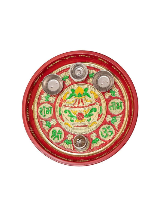 Tied Ribbons Red Printed Pooja Thali With Attached Incense Diya Tilak Holder