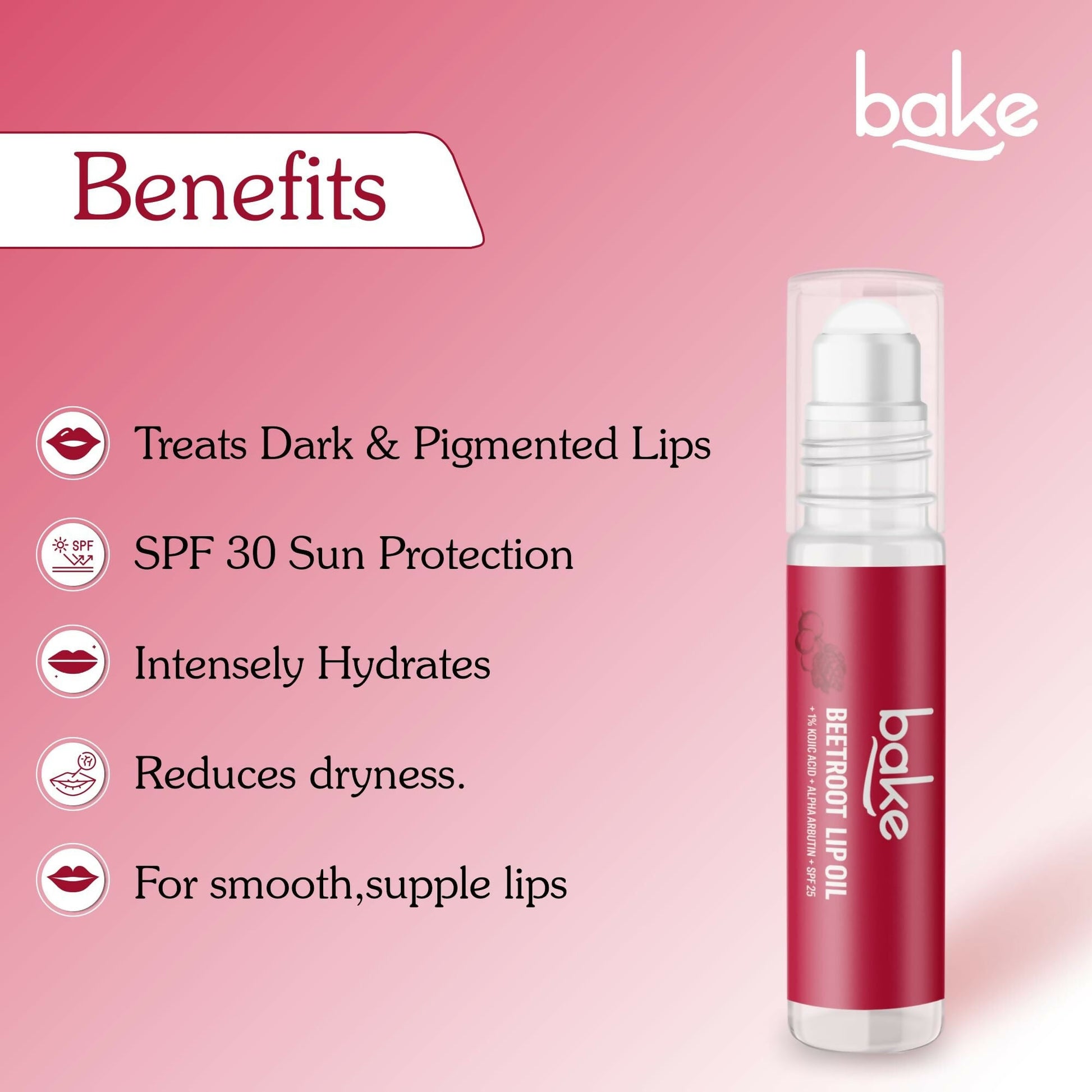 Bake 1% Kojic Acid Beetroot Tinted Lip Balm Oil for Dark & Pigmented Lips with SPF 25 & Alpha Arbutin
