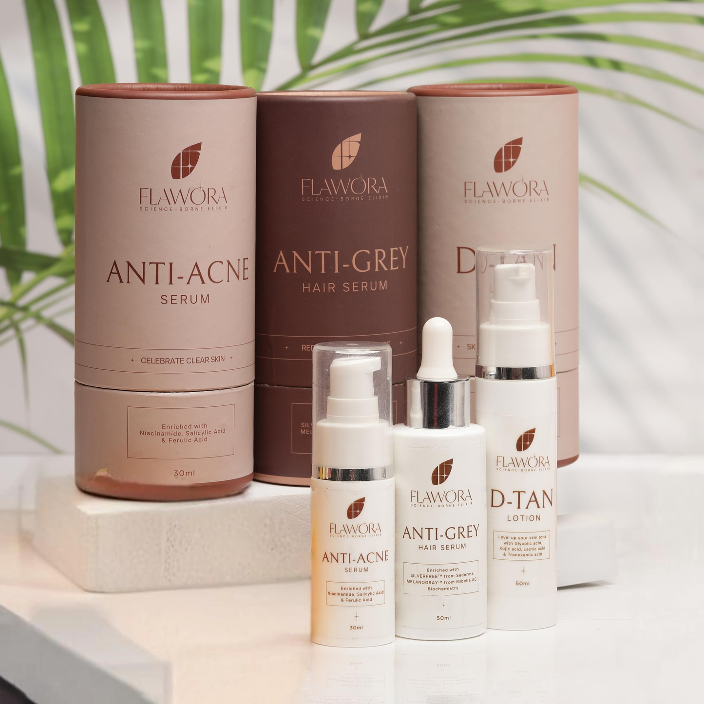 Flawora Anti-Grey Hair Serum, Anti Acne Serum and D-Tan Lotion Combo