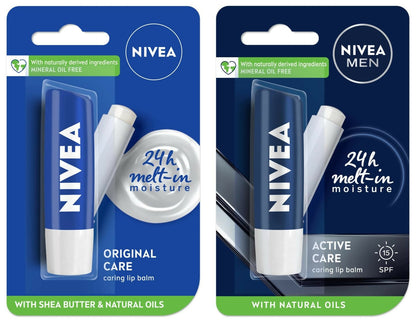 Nivea Original Care & Active Care Lip Balm Combo - 24 H melt-in moisture