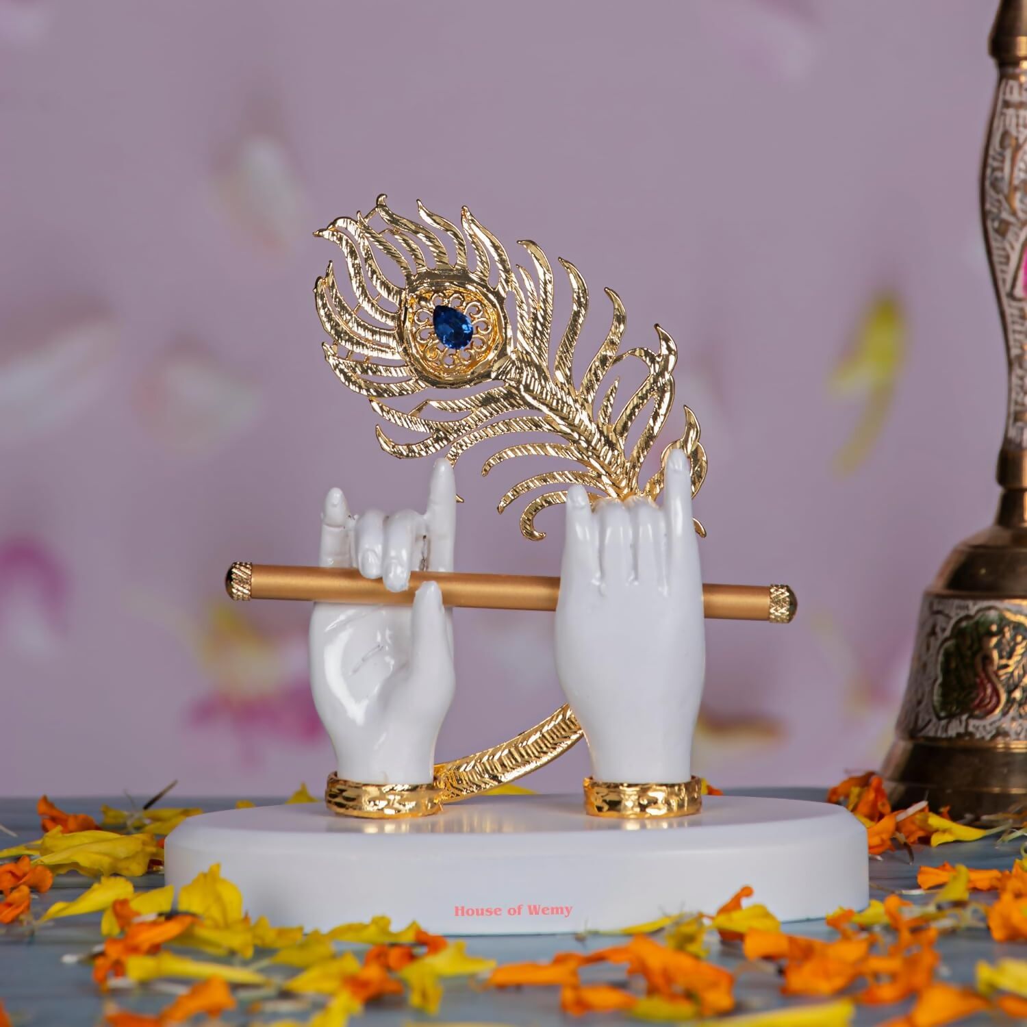 Buy House Of Wemy Gold-Polished Melody Krishna Hands Idol with Flute and Peacock Feather - White