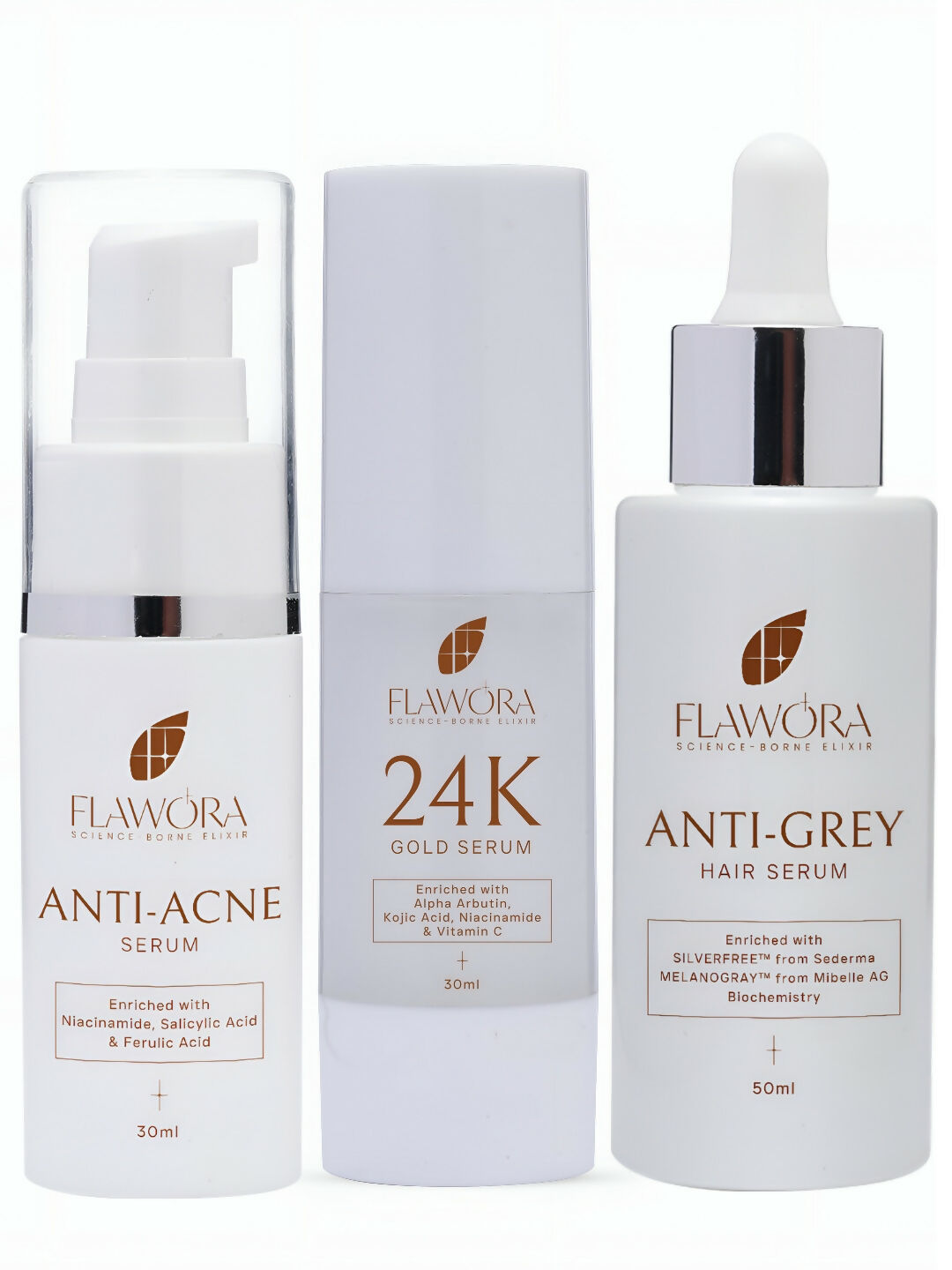 Flawora Anti-Grey Hair Serum, Anti Acne Serum & Gold Face Serum Combo