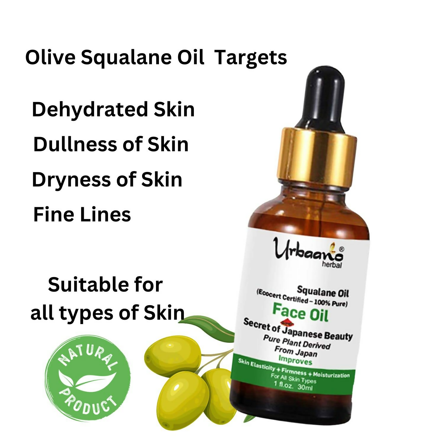 Urbaano Herbal Olive Squalane - 100% Pure Natural Plant-Derived Japanese Oil
