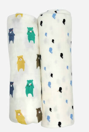 Kindermum Organic Cotton Muslin Swaddle Blanket 110 Cm X 110 Cm - Set Of 2 - Bear And Whale
