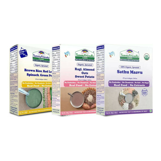 Buy TummyFriendly Foods Stage3 Sprouted Ragi, Brown Rice, Oats, Sathu Maavu, Pulses, Vegetables & Fruit Porridge Mixes For 8 Months from DrMediCart, Ship from India to USA