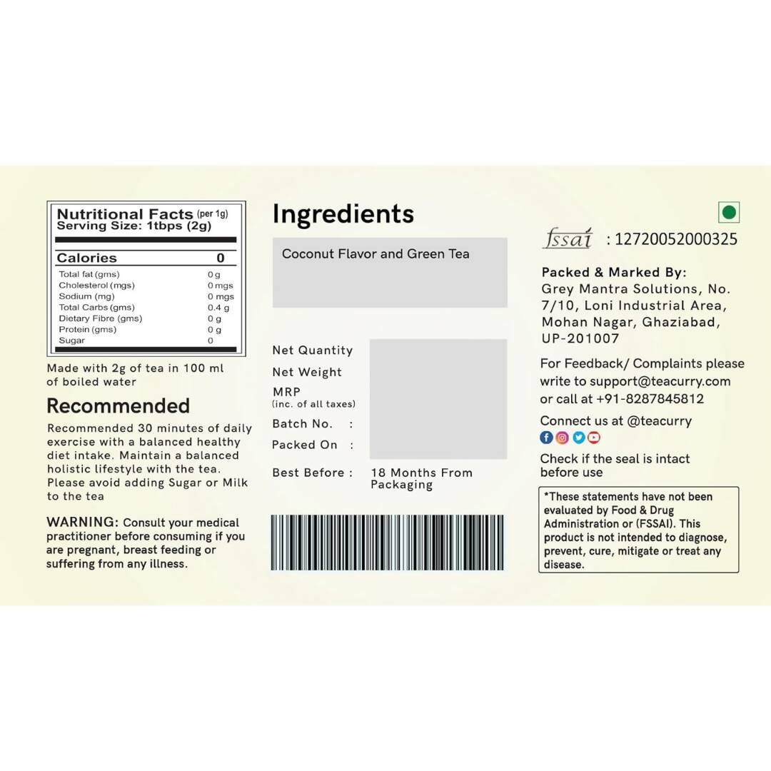 Teacurry Coconut Green Tea Bags - Drmedicart