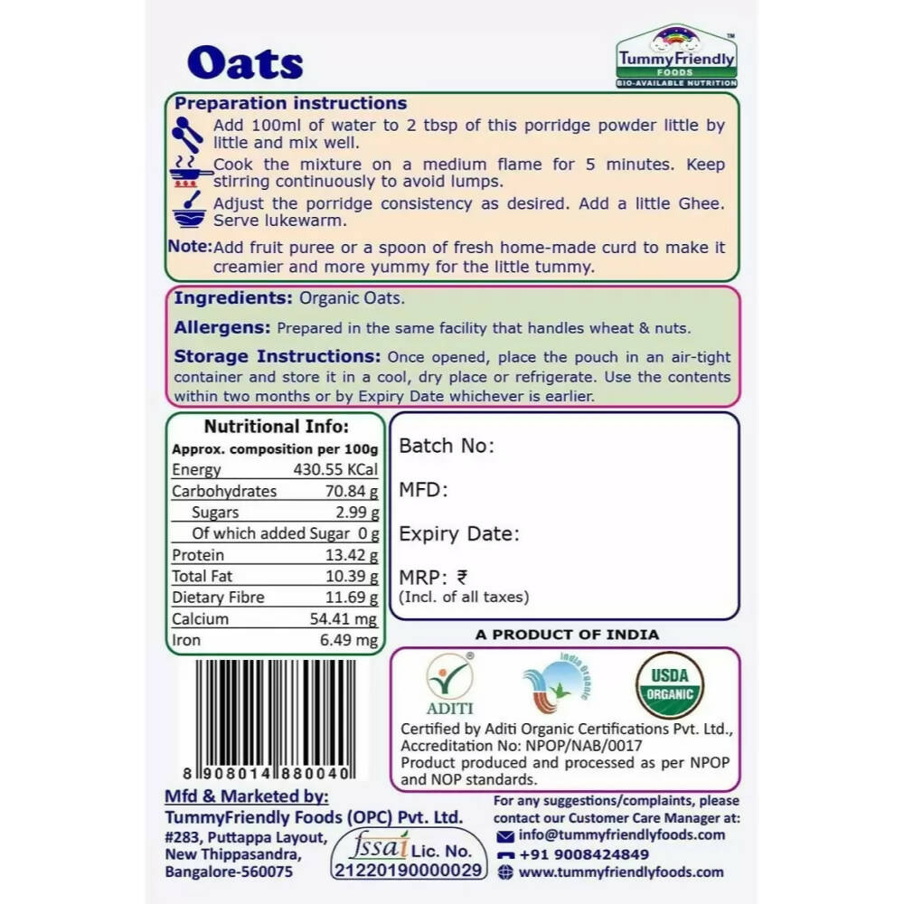 TummyFriendly Foods Certified Oats Porridge Mixes - Stage1, Stage2, Stage3 - Drmedicart