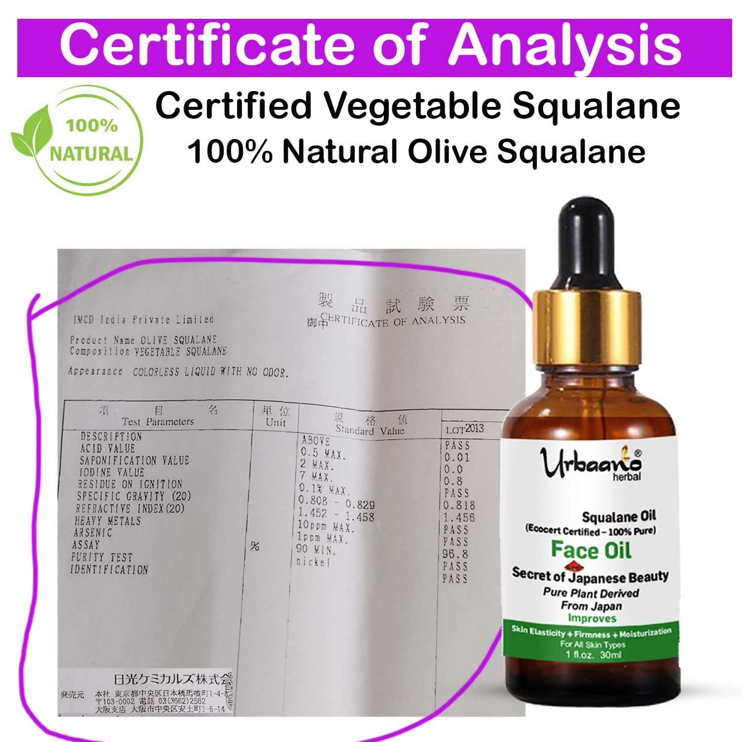 Urbaano Herbal Olive Squalane - 100% Pure Natural Plant-Derived Japanese Oil