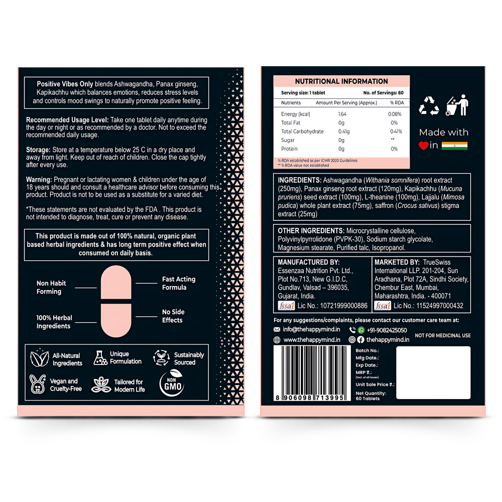 HappyMind Botanicals Positive Vibes Only Veg Tablets