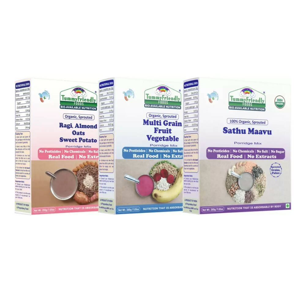 Buy TummyFriendly Foods Certified Organic Multi-Grain, Sprouted Ragi, Oats, Red Lentil, Banana and Sathu Maavu Porridge Mixes Combo from DrMediCart, Ship from India to USA