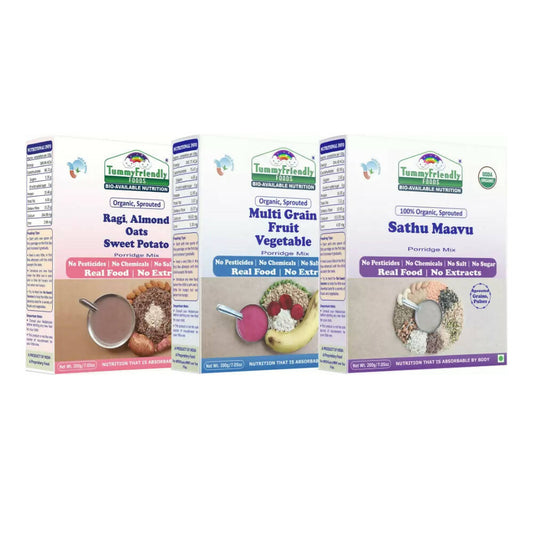 Buy TummyFriendly Foods Certified Organic Multi-Grain, Sprouted Ragi, Oats, Red Lentil, Banana and Sathu Maavu Porridge Mixes Combo from DrMediCart, Ship from India to USA
