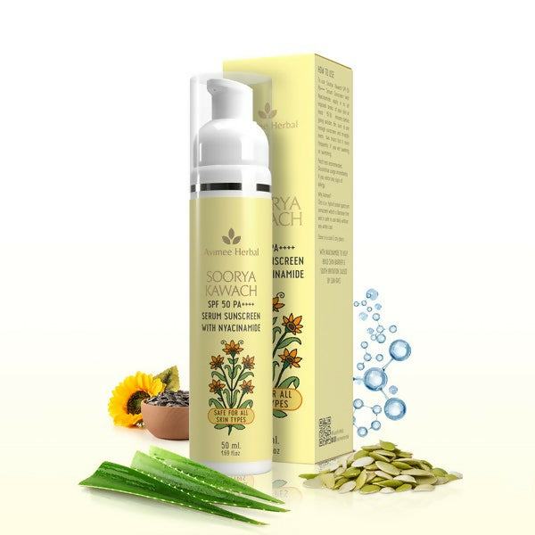 Buy Avimee Herbal Soorya Kawach SPF 50 PA++++ Niacinamide Serum Sunscreen from DrMediCart, Ship from India to USA