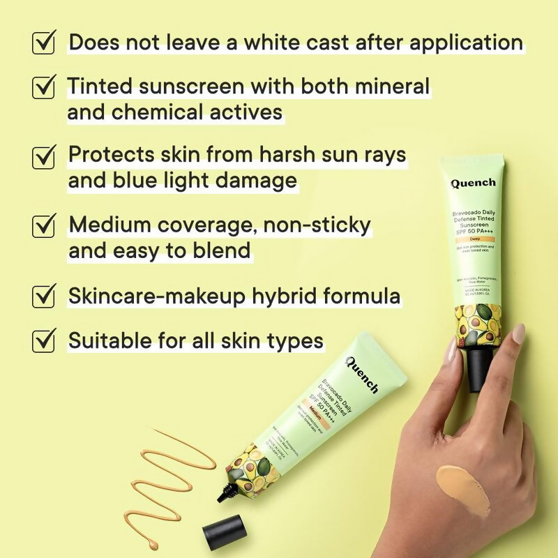 Quench Vitamin E Tinted SPF 50 Sunscreen PA+++ with both Mineral & Chemical Actives (Light Medium)