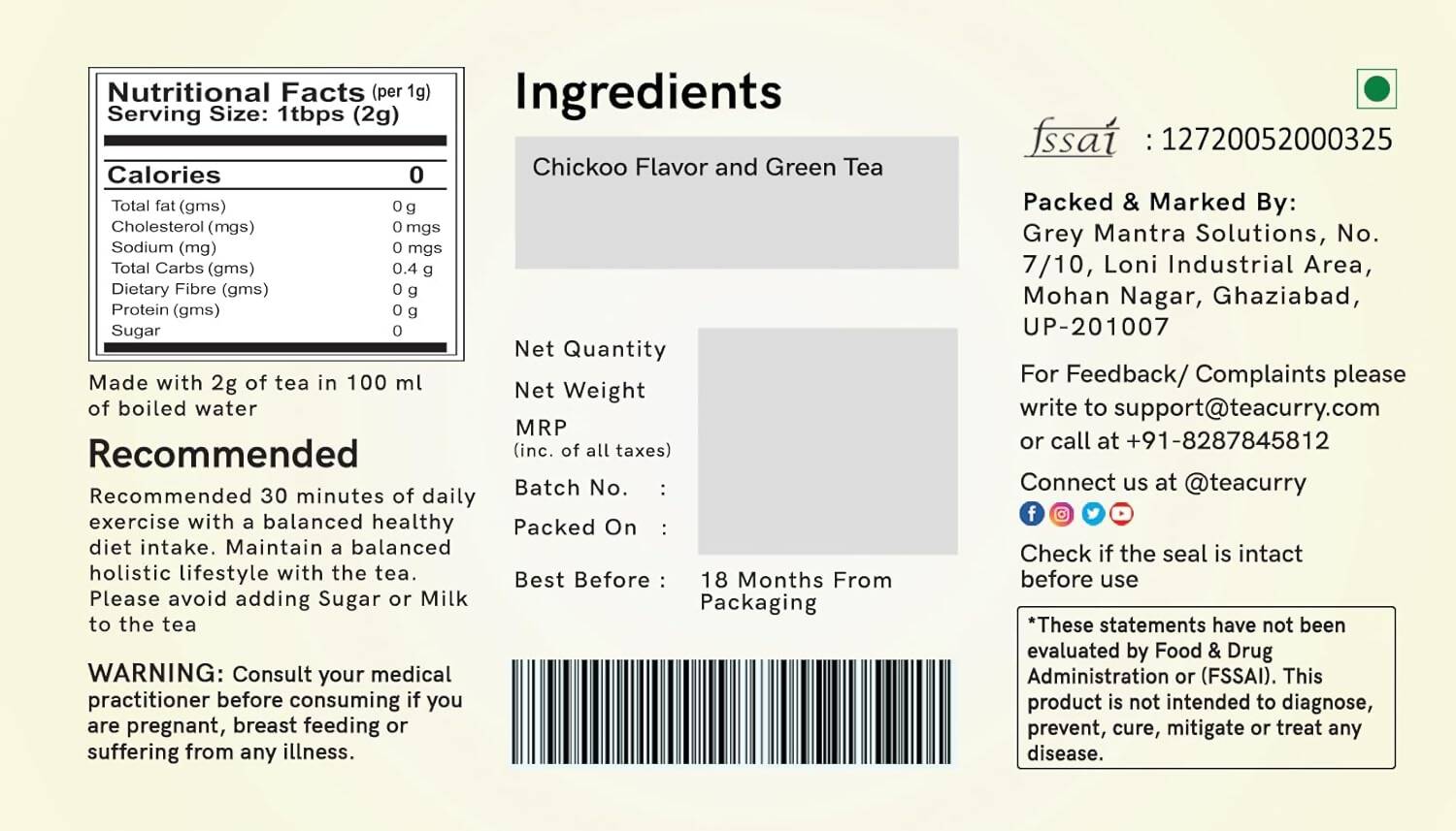 Teacurry Chikoo Green Tea Bags - Drmedicart