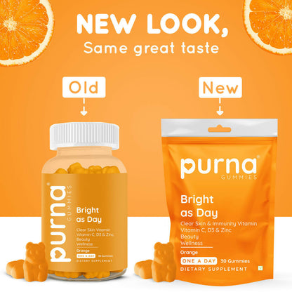 Purna Gummies Vitamin C Orange Gummies with Vitamin D3, and Zinc for Immunity & Clear Skin