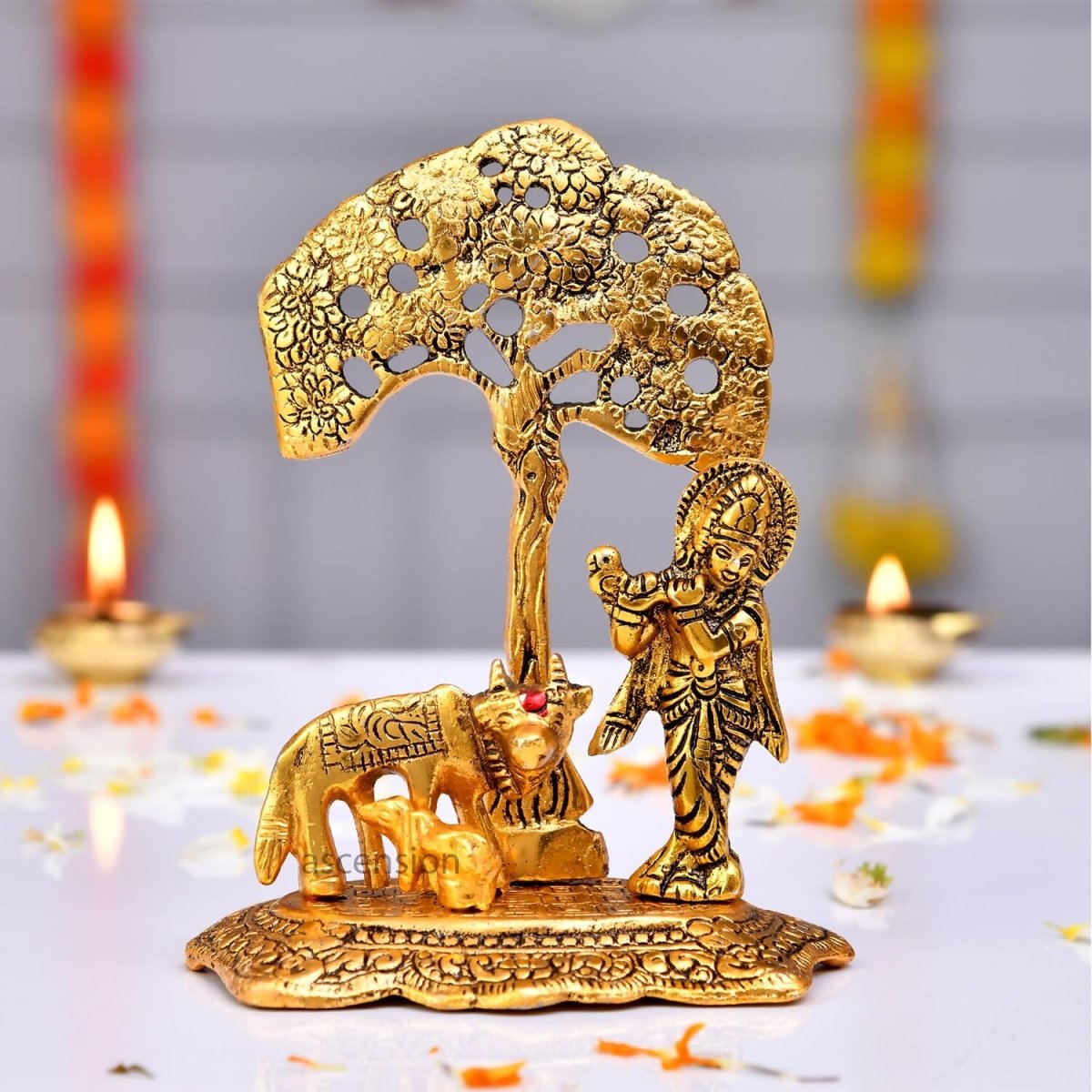 Buy Ascension Designer Metal Cow Calf and Krishna Idol