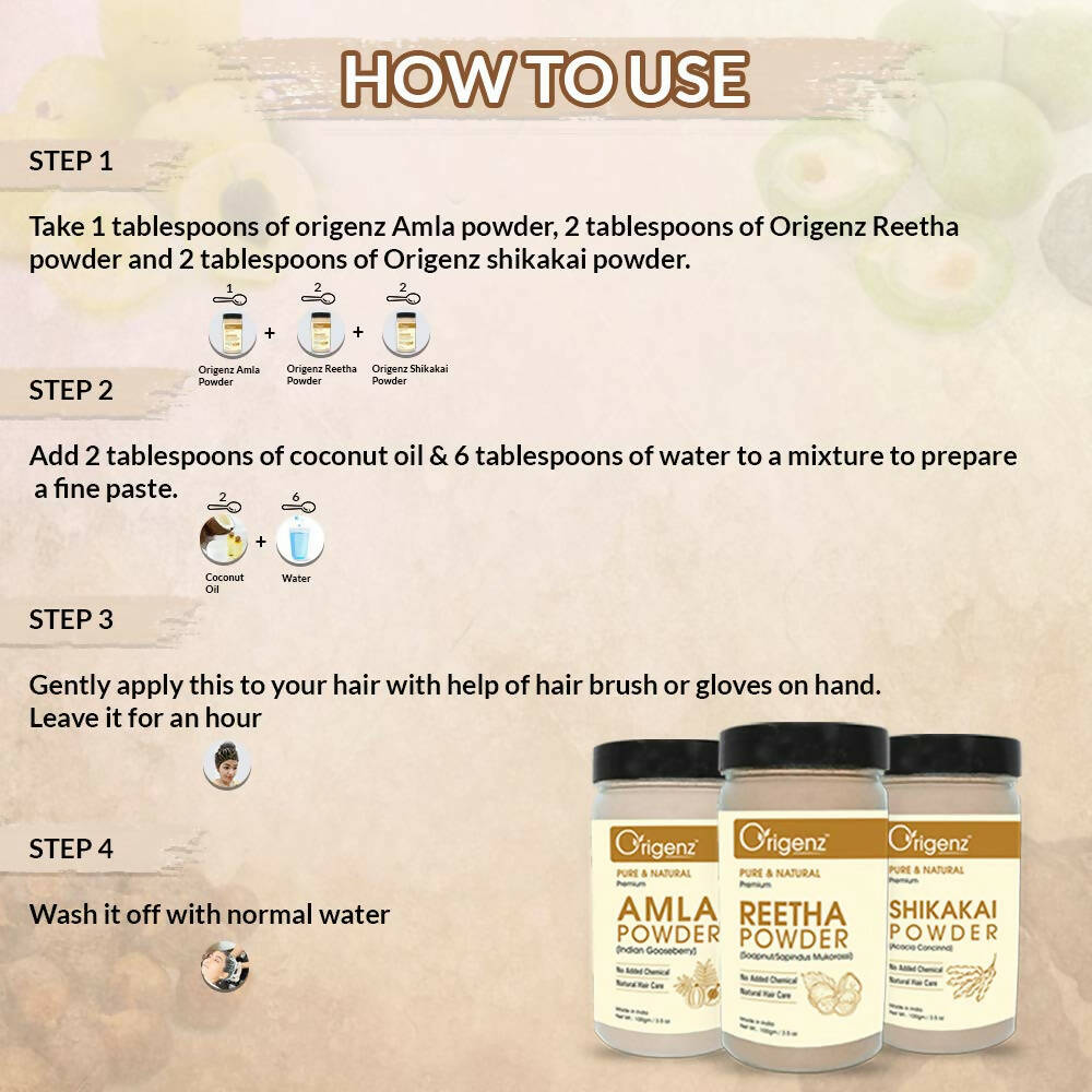 Buy Origenz Premium Amla, Reetha, Shikakai Powder Combo For Hair Mask, Cleanser from DrMediCart, Ship from India to USA