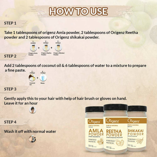 Buy Origenz Premium Amla, Reetha, Shikakai Powder Combo For Hair Mask, Cleanser from DrMediCart, Ship from India to USA