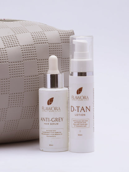 Flawora Anti-Grey Hair Serum For Reversing Grey Hair & D-Tan Lotion For Pigmentation Tan Removal 