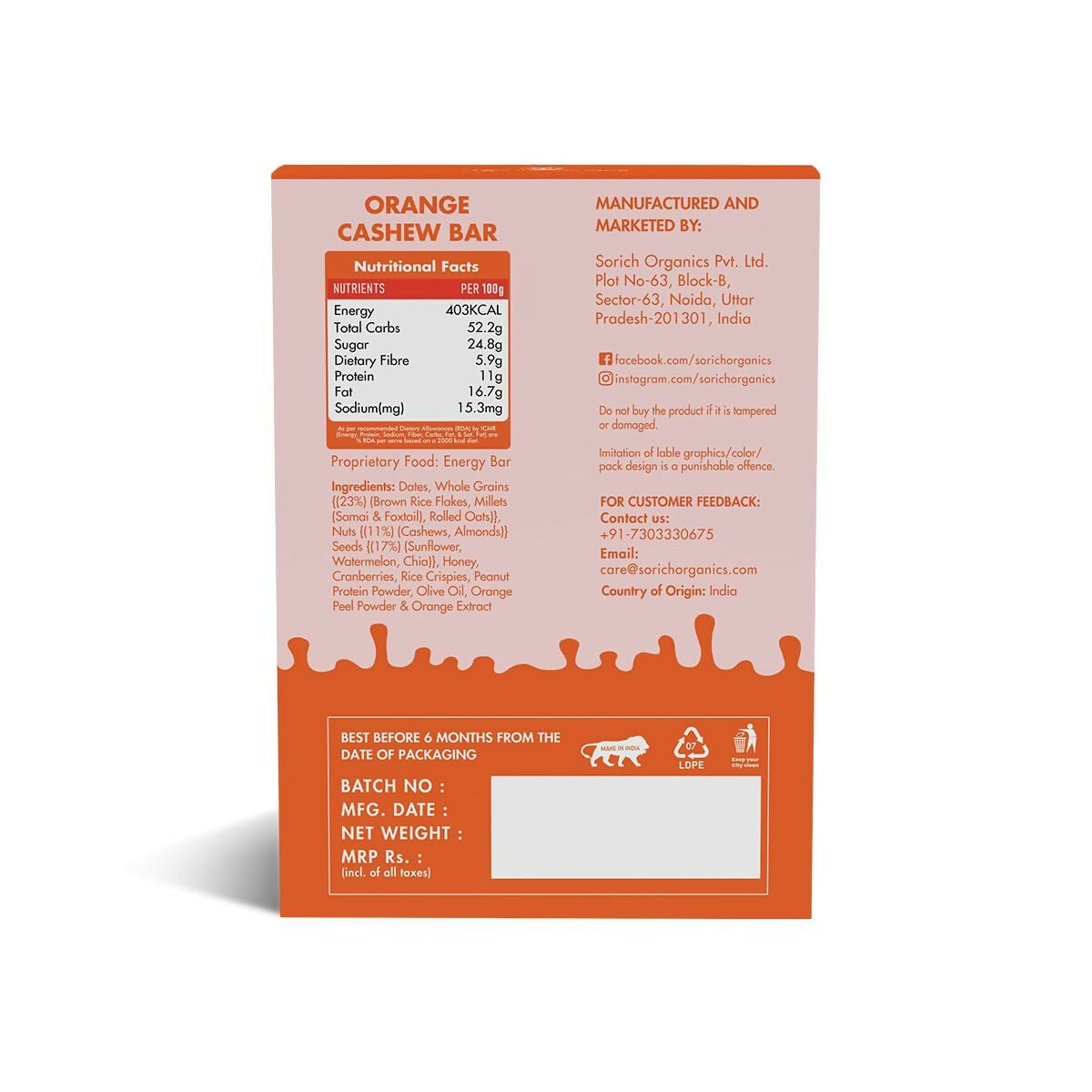 Sorich Organics Multigrain Energy Mini Bars Orange Cashew