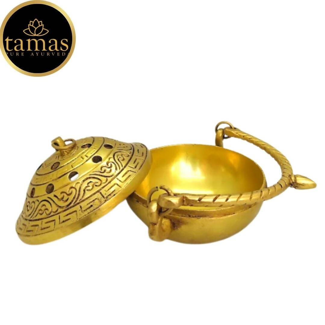 Tamas Brass Small Dhoop Burner with Handle and Lid (Golden)