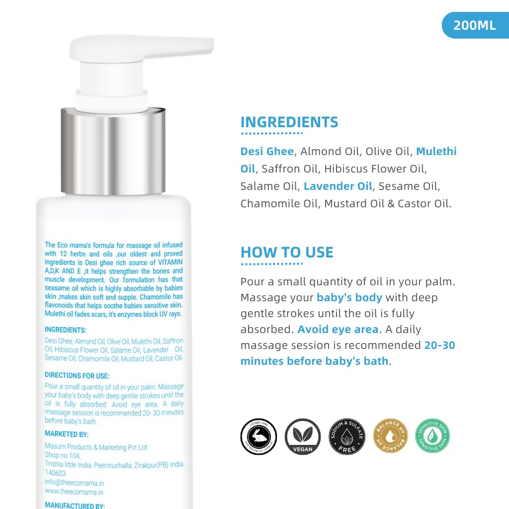 The Eco Mama Baby Massage Oil Infused With Desi Ghee, Mulethi Oil & Chamomile