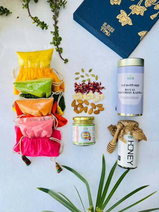 Shuddh Natural Ubtan Based Herbal Gulal | Ayurvedic Thandai Powder |Kashmiri Kahwa |Natural Honey | Holi Gift Hamper