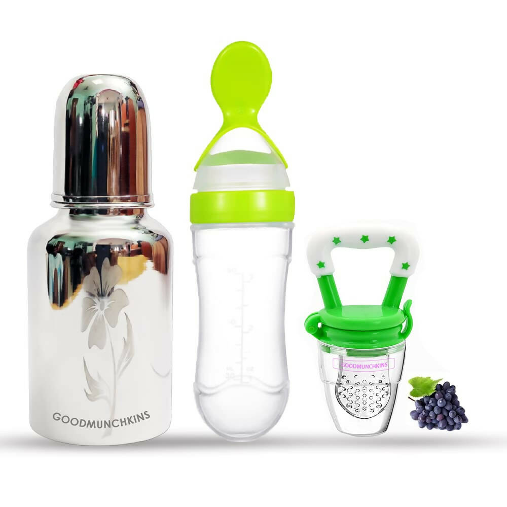 Buy Goodmunchkins Stainless Steel Feeding Bottle, Food Feeder & Fruit Feeder Combo for Baby (Green-Green, 220ml) from DrMediCart, Ship from India to USA