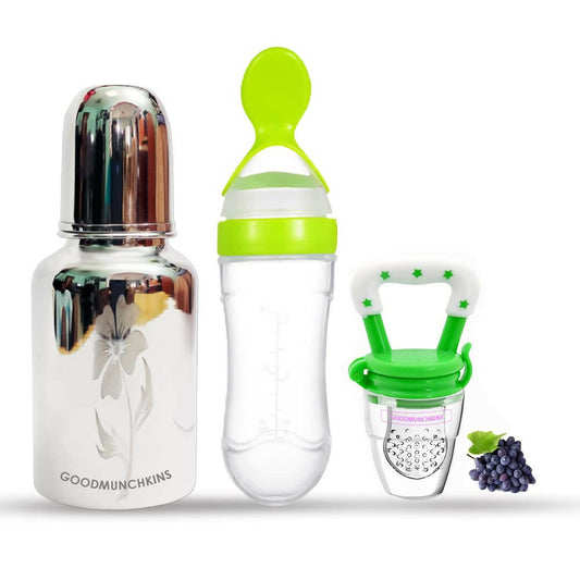 Buy Goodmunchkins Stainless Steel Feeding Bottle, Food Feeder & Fruit Feeder Combo for Baby (Green-Green, 220ml) from DrMediCart, Ship from India to USA