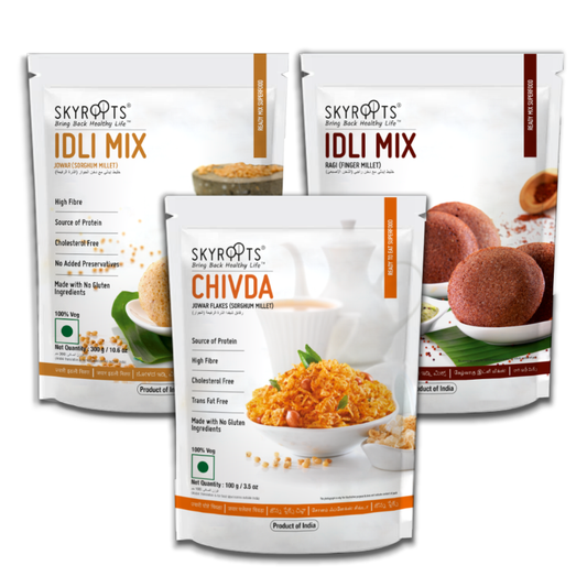 Buy Skyroots Jowar Idli Mix + Jowar Flakes Chivda + Ragi Idli Mix Combo Pack from DrMediCart, Ship from India to USA