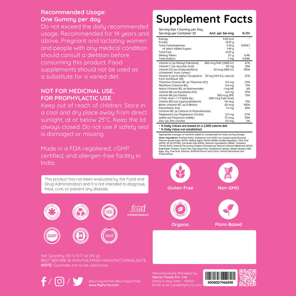 Purna Gummies Multivitamin Strawberry Gummies with Vitamins & Minerals