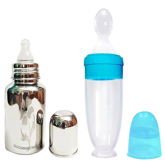 Buy Goodmunchkins Stainless Steel Feeding Bottle With Spoon Food Feeder for Baby Anti Colic Silicon Nipple Feeder 220 ml Combo Pack-Blue from DrMediCart, Ship from India to USA
