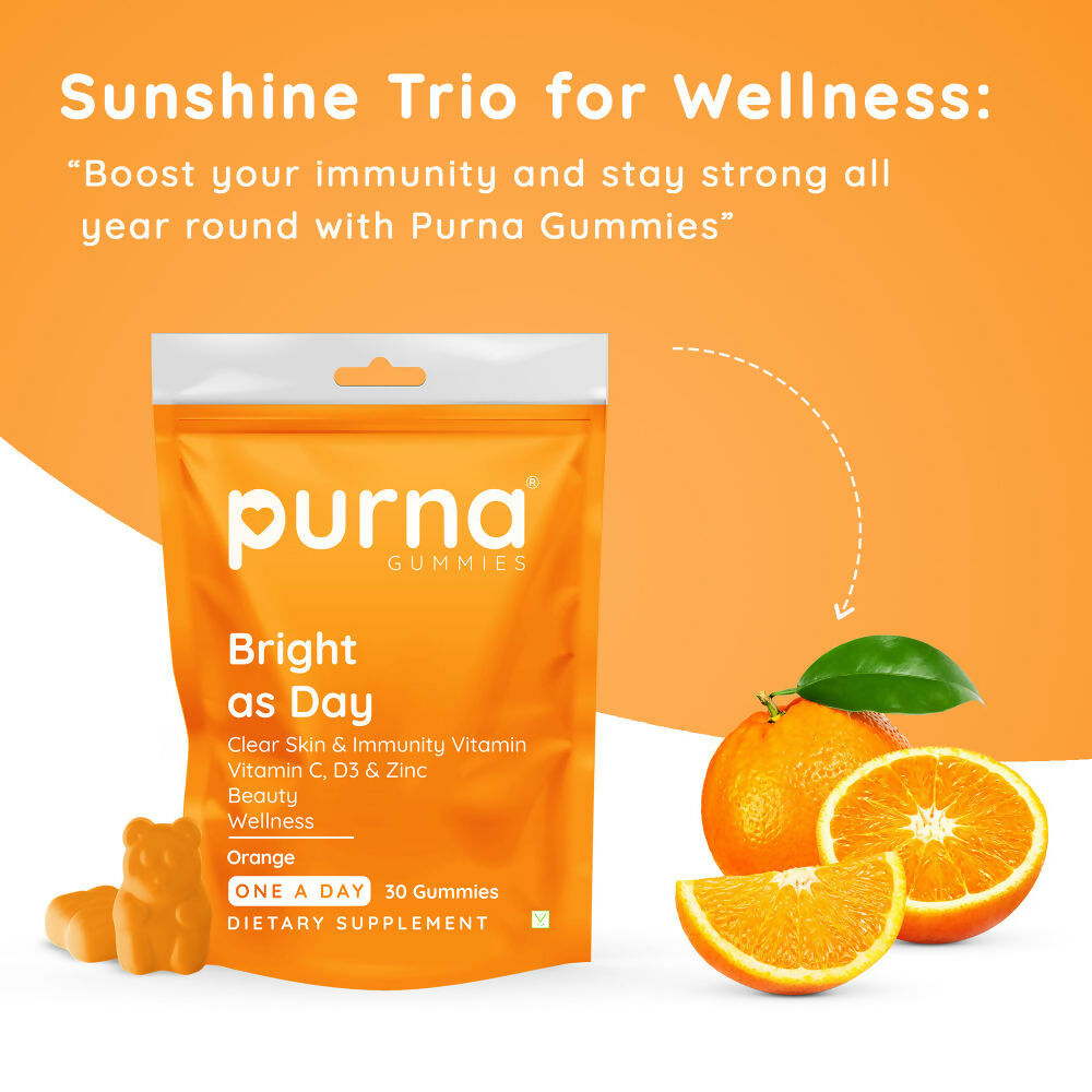 Purna Gummies Vitamin C Orange Gummies with Vitamin D3, and Zinc for Immunity & Clear Skin