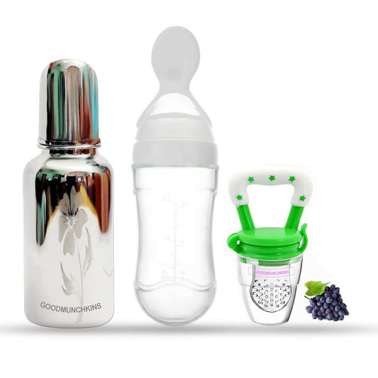 Buy Goodmunchkins Stainless Steel Feeding Bottle, Food Feeder & Fruit Feeder Combo for Baby-(White-Green, 220ml) from DrMediCart, Ship from India to USA