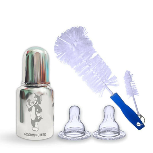 Buy Goodmunchkins Stainless Steel Feeding Bottle with Anti Colic Silicone Nipple/Bottle Cleaning Nylon Brush (150ml, Blue) from DrMediCart, Ship from India to USA