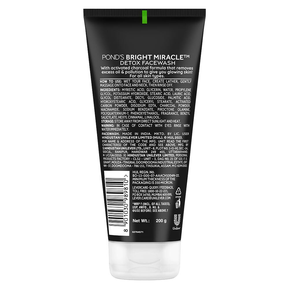 Ponds Bright Miracle Detox Facewash 10X Power of Activated Charcoal For Deep Cleaned Skin, Reveals Glow