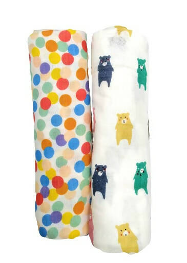 Kindermum Organic Cotton Muslin Swaddle Blanket 110 Cm X 110 Cm - Set Of 2 - Colorful Polka And Bear