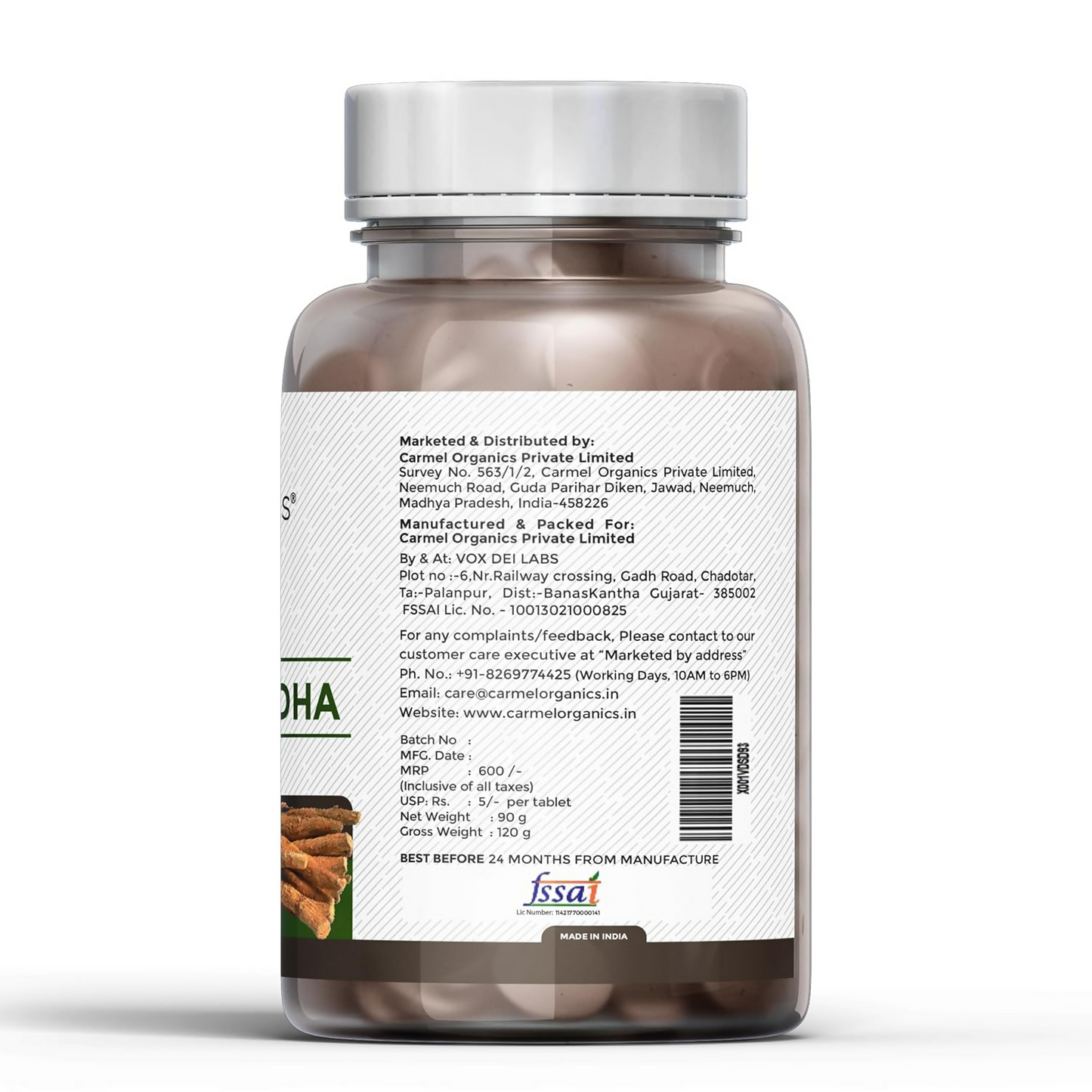 Carmel Organics Ashwagandha Root Extract 500 Mg Tablets