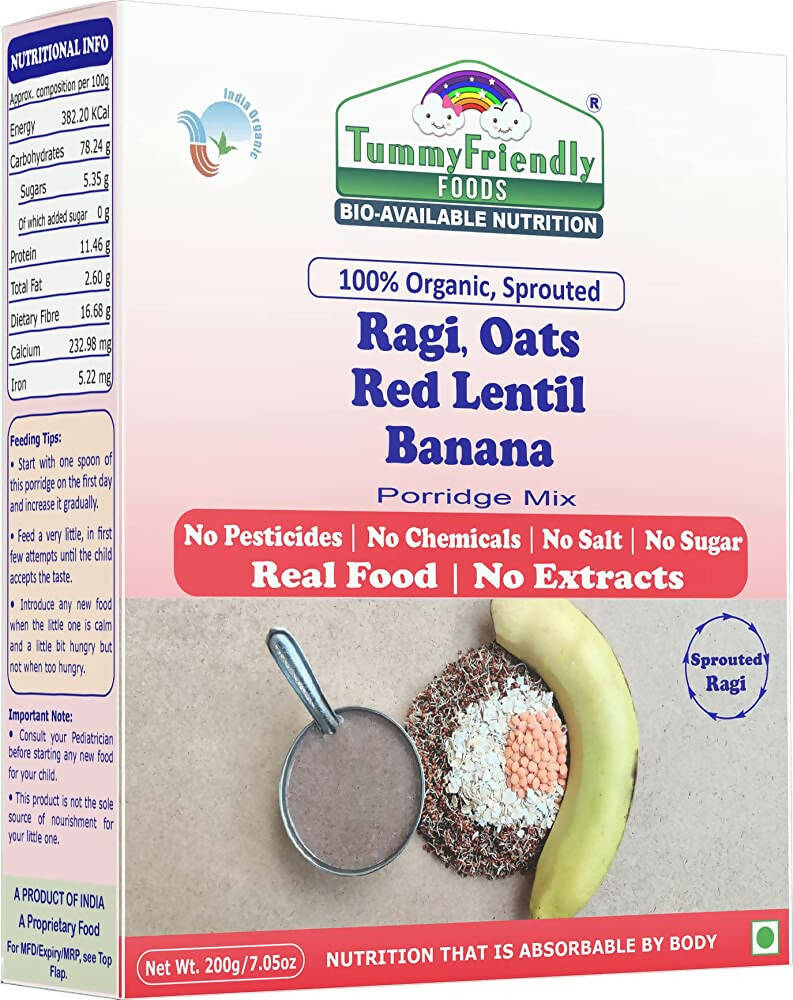 Buy TummyFriendly Foods Organic Sprouted Ragi, Oats, Red Lentil, Banana Porridge Mix from DrMediCart, Ship from India to USA