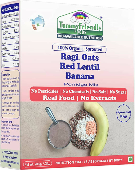 Buy TummyFriendly Foods Organic Sprouted Ragi, Oats, Red Lentil, Banana Porridge Mix from DrMediCart, Ship from India to USA