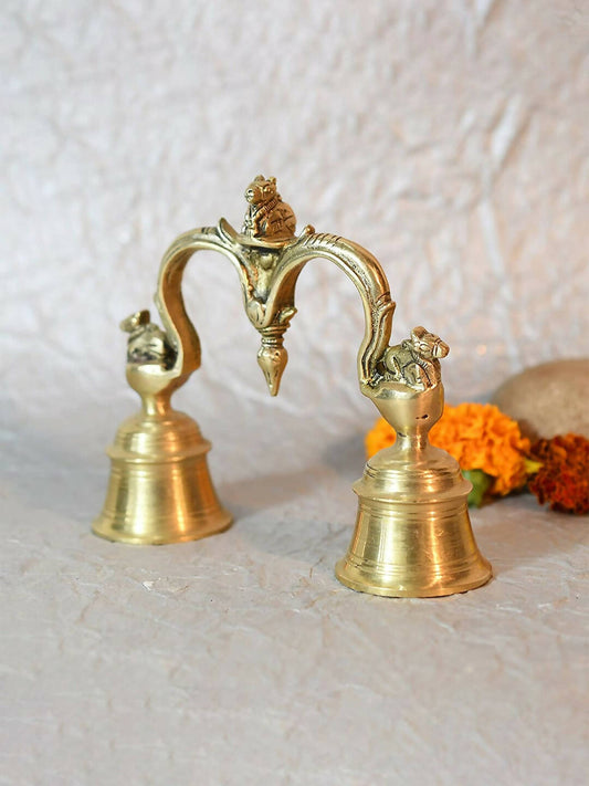 CraftVatika Gold-Toned Brass Hand Held With Nandi Sitting On Top Double Puja Bell