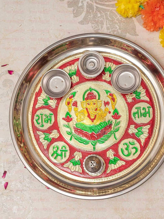 Tied Ribbons Red & Green Printed Pooja Thali With Attached Incense Diya Tilak Holder